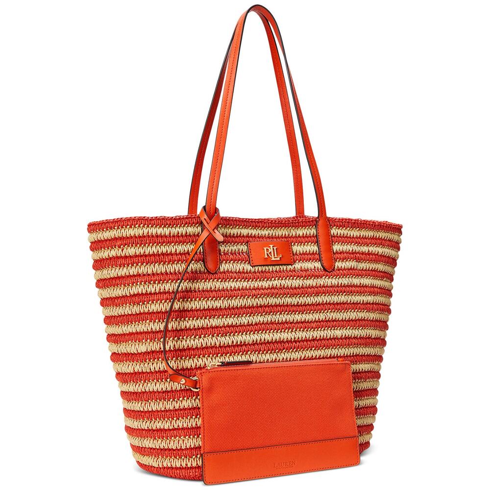 NWT Lauren Ralph Lauren Straw Brie Tote Bag Orange and Tan